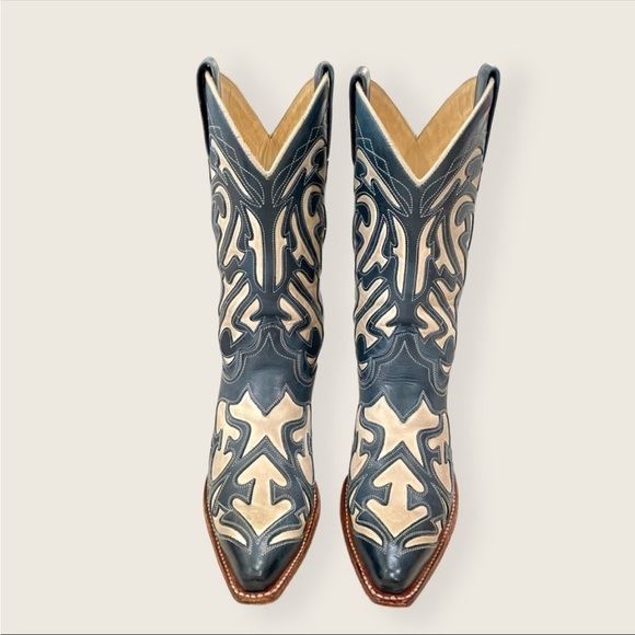 RARE Frye Billy Vintage Blue White Leather Embroidered Pull-On Cowgirl Boots - Picture 7 of 14